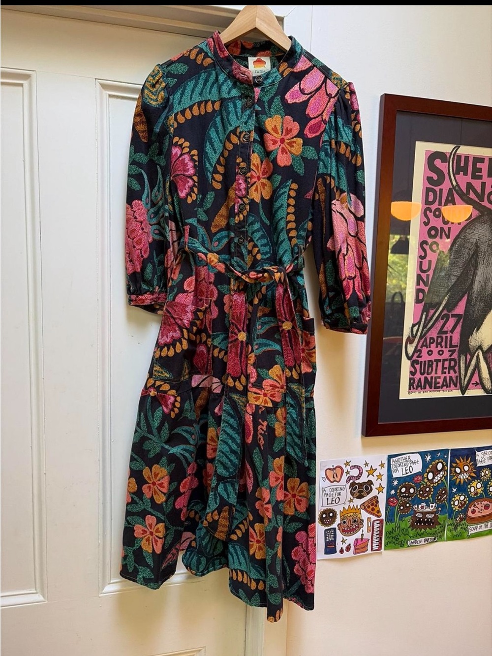 FARM Rio Black Midi Dress with Pink, Green & Orange Floral Print